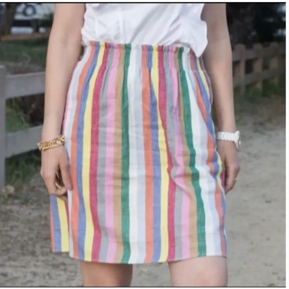 J.Crew Rainbow Striped Linen‎ Cotton Paper bag Mini Skirt Size 2 Retro Coastal